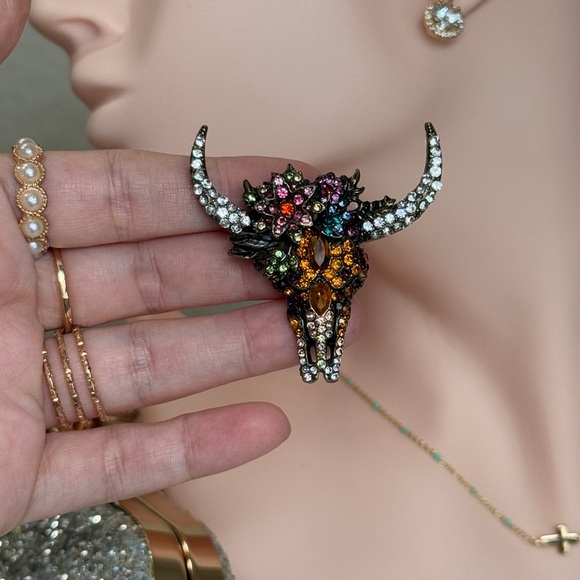 ⚜️❤️‍🔥 Western Longhorn Multicolor Brooch With  Crystals 🤘💎 - Picture 3 of 8